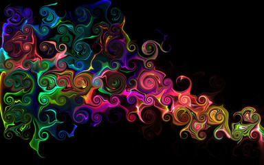 Bright abstract multicolored swirling pattern on a black background.