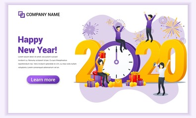 People celebrate the New year near big clock and big symbol 2020 numbers. Can use for web banner, poster, landing page, web template. Vector illustration