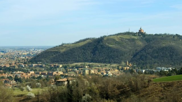 San Luca sanctuary on the Colle Della Guardia hill in Bologna as seen from the Casalecchio di Reno's Eremo of Tizzano