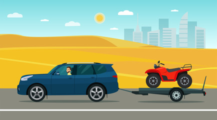 SUV car with a driver tows a trailer with an ATV in the desert. Vector flat style illustration.