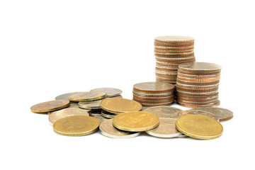 Close up stack or pile old golden and silver coins isolated on white background.