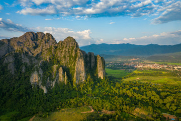 Fototapeta na wymiar Aerial view of beautiful landscapes at Vang Vieng , Laos. Southeast Asia. Photo made by drone from above. Bird eye view.