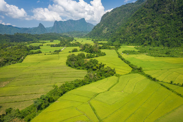 Fototapeta premium Aerial view of beautiful landscapes at Vang Vieng , Laos. Southeast Asia. Photo made by drone from above. Bird eye view.