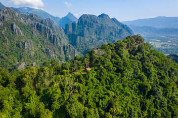 Aerial view of beautiful landscapes at Vang Vieng , Laos. Southeast Asia. Photo made by drone from above. Bird eye view.