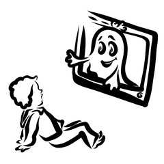 Little ghost smiles at a scared boy from the TV screen