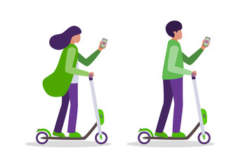 Set of a pair of people riding kick scooters. Man and woman looking at the phone for navigation. Boy and a girl on lime green electric scooters isolated on a white background. Vector illustration