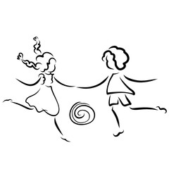 Boy and girl play ball, kicking it to each other