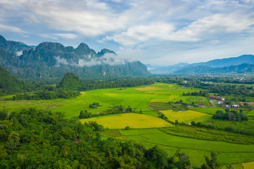 Aerial view of beautiful landscapes at Vang Vieng , Laos. Southeast Asia. Photo made by drone from above. Bird eye view.