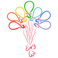 seven rainbow-colored balloons tied together, white background