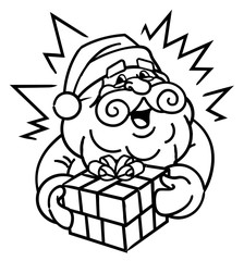 Merry Christmas! Black and white colour Santa Claus holding Christmas present gift.