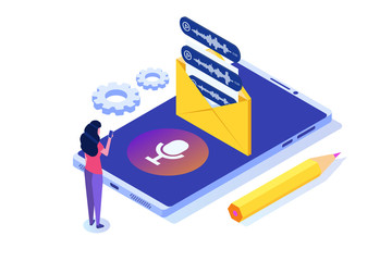 Voice messages, Voice recognition isometric concept with character. Can use for web banner, landing page template, infographics.