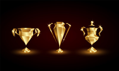Golden Low Poly Soccer Cups Set. Abstract Polygonal 3D Football Trophy of Euro, Champions, Nations League.