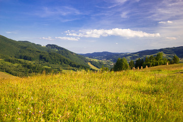 Sunny day in Beskid Sadecki. View from Wola Krogulecka towards village Rytro, Poland.
