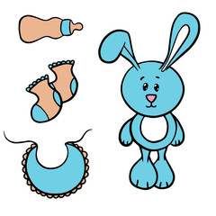  Doodle sketch toy rabbit, socks and bottle, illustration on a white background for your postcard, layout, site.
