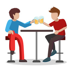 A pair of male friends are drinking light beer at a table on high bar stools. Characters raise glasses with foam and laugh. Vector illustration isolated on white background
