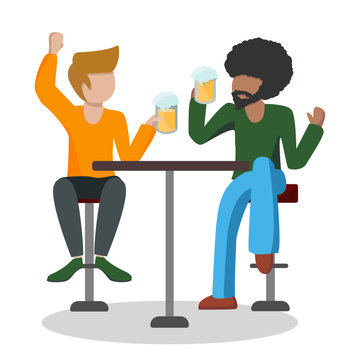 Two friends are sitting at a table in high bar stools and drinking beer, raising a toast. A couple of African American and Caucasian friends are tolerant together