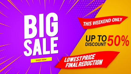 Sale banner template purple modern design and red ribbons