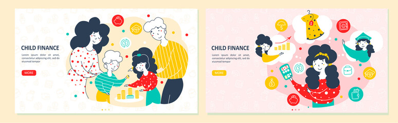 Kids and money landing page vector template set