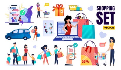 Happy People, Sales, Discount, Shopping Vector Set