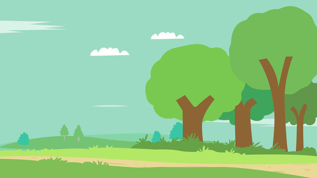 Cartoon scene nature with sky background.Flat nature landscape with meadow.Vector illustration