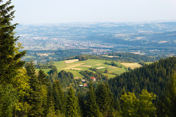 Nowy Sącz city and Nawojowa village. View from near village Żeleźnikowa Mała, Poland. 