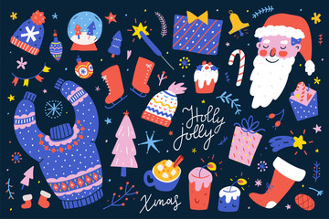 Collection of christmas hand drawn vector isolated illustrations. Colored winter symbols in doodle cartoon style, christmas greeting card creator, sweater and knit hats with ornaments, santa claus.