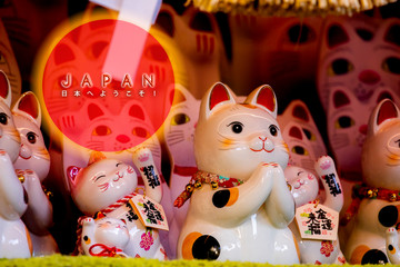 Japanese lucky cat made a welcome greeting card with Japanese japan as background (subtitle: Lucky Cat, Jin Yun Laifu)