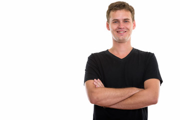 Studio shot of young man isolated against white background