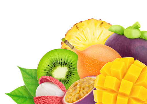 Multi-colored exotic composition with exotic fruit mix isolated on a white background with clipping path.