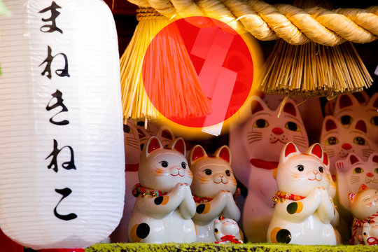 Japanese lucky cat made a greeting card with the red sun as a symbol (subtitle: Lucky Cat, Jin Yun Laifu)