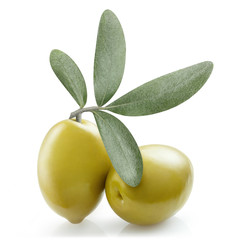 Delicious green olives with leaves, isolated on white background