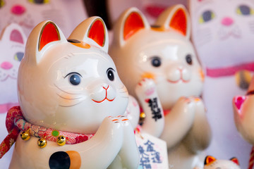 A group of ceramic Japanese lucky cats in the display cabinet (subtitle: Lucky Cat, Jin Yun Laifu)