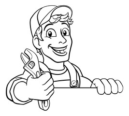 Mechanic plumber maintenance handyman cartoon mascot man holding a wrench or spanner. Peeking over a sign