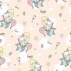 Cute hand drawn unicorn vector pattern with balloons and heart. Vector illustration design for fabrics, wallpapers and cover. Seamless pastel unicorns.