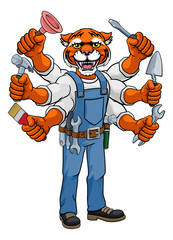 A tiger animal construction cartoon mascot multitasking handyman or builder maintenance contractor holding lots of tools