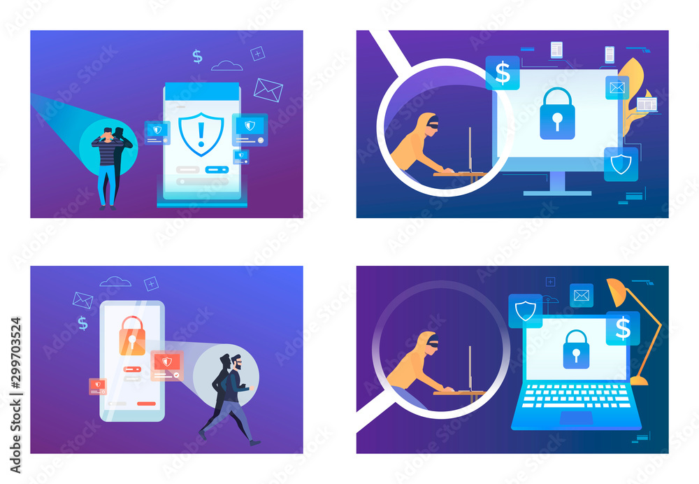 Poster hacker attack set. cyber criminal hacking into phone and laptop software. flat vector illustrations.