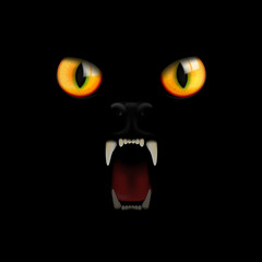 Eyes and teeth of a black cat on a black background. Vector illustration.
