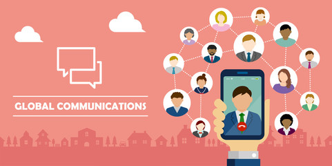 Fototapeta na wymiar Video call / Global communiation through mobile phone vector banner illustration / Hand holding smartphone.