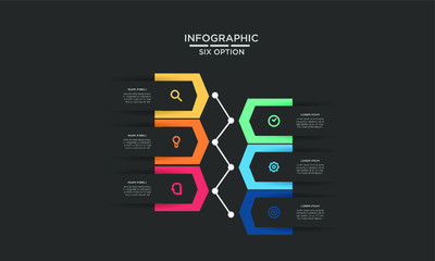 Six 6 Options infographic step chart workflow element Plan Slide Template with dark black background theme