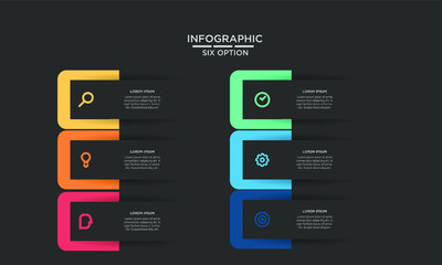 Six 6 Options infographic step chart workflow  element Plan Slide Template with dark black background theme
