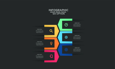 Six 6 Options infographic step chart workflow  element Plan Slide Template with dark black background theme