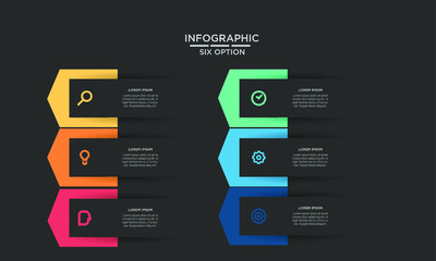 Six 6 Options infographic step chart workflow  element Plan Slide Template with dark black background theme