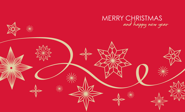 Christmas greetings banner with swirl ribbons and stars on red colour background