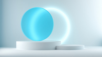 3d render blue platform with neon shining and transparent glass rings. Geometric shapes composition with empty space for product design show. Minimal banner mockup.