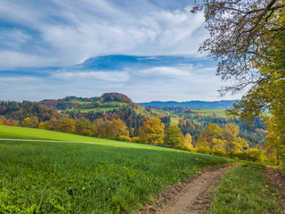Aerial view of Swiss countryside. Pre-alpine landscape in Switzerland. Peaceful farmland in rural area.