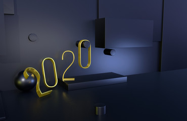 Fototapeta na wymiar 2020 year golden sign with black background. 3D illustration