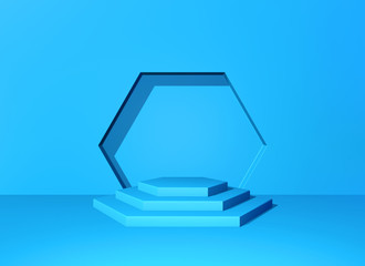 Pedestal or podium with steps and wall arch in the blue abstract background. 3D illustration