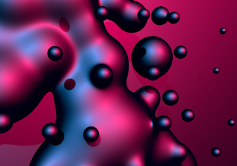 Abstract background with neon glowing boiling liquid balls or drops in motion with 80s synthwave style. 3D illustration