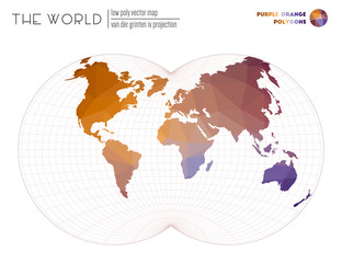 Abstract world map. Van der Grinten IV projection of the world. Purple Orange colored polygons. Contemporary vector illustration.