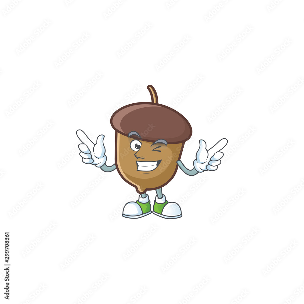 Poster acorn mascot with wink on white background.